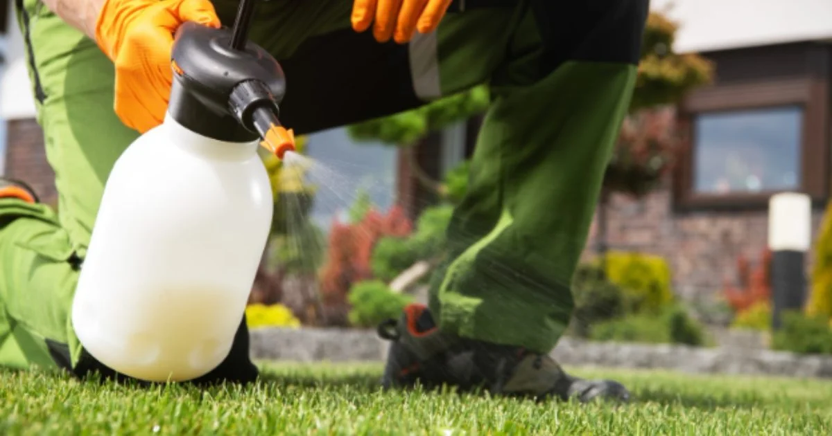 Professional gardener spraying lawn treatment using a handheld pump sprayer on a residential lawn.